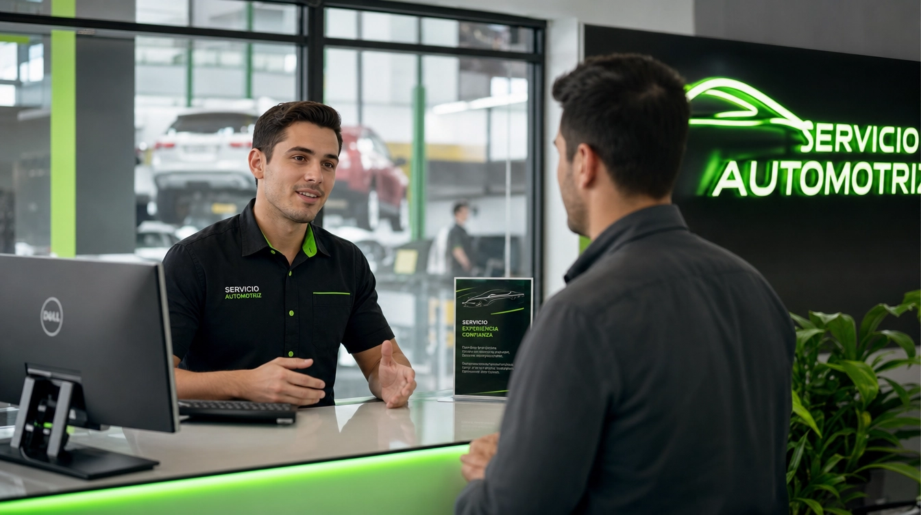 Asesor de servicio automotriz atendiendo a un cliente en el mostrador del taller