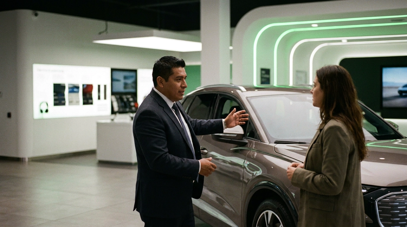 Vendedor mostrando un vehículo a un cliente en el showroom