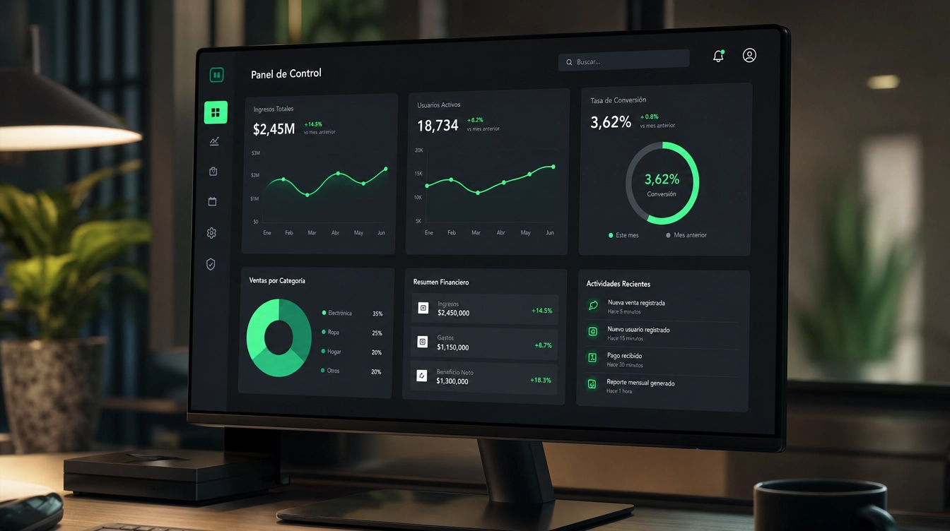 Tablero de indicadores mostrando métricas de operación automotriz en una pantalla